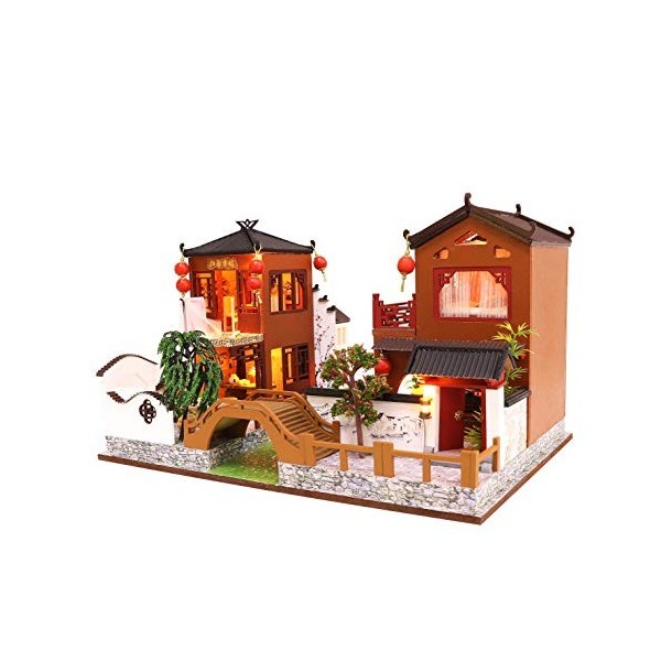 Cool Beans Boutique - Maison de poupée miniature en bois - Villa chinoise promenade sur la rivière avec housse anti-poussière