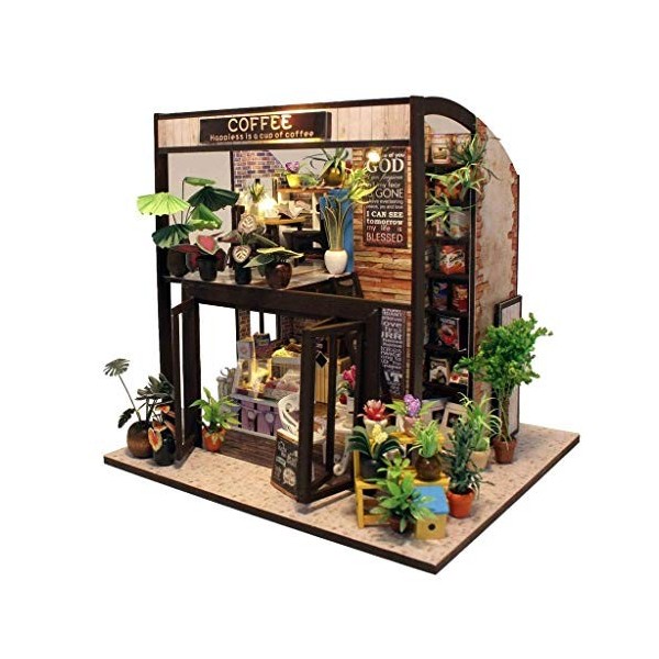 XBR Puzzles 3D Kit de Bricolage Miniature Accessoires de Maison de café Maisons de poupées avec Meubles Boîte à Musique LED C