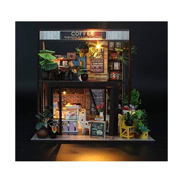 XBR Puzzles 3D Kit de Bricolage Miniature Accessoires de Maison de café Maisons de poupées avec Meubles Boîte à Musique LED C