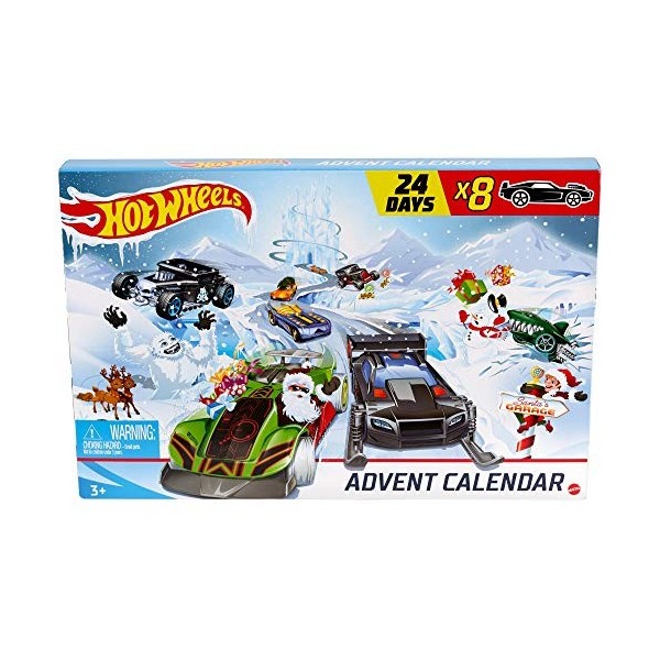 Hot Wheels Calendrier de lavent, contient 24 surprises dont 8 petites voitures décorées et 16 accessoires, pour enfants dès 