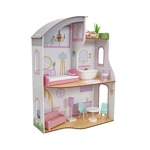 KidKraft Maison de Poupée en Bois Elise incluant Accessoires et mobilier, 3 Étages de Jeu avec Toit terrasse pour Poupées de 