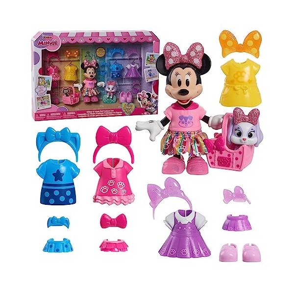 Just Play Disney Junior Minnie Mouse Ensemble de 23 pièces à paillettes et accessoires pour animaux de compagnie, jouets sous