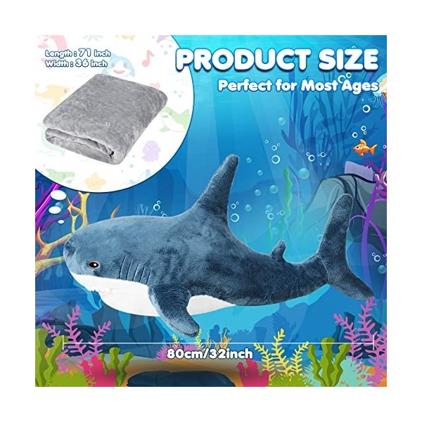 Animal en peluche géant requin de mer 81,3 cm - Poupée de requin en peluche douce 2 en 1 - Grand coussin à double usage pour 