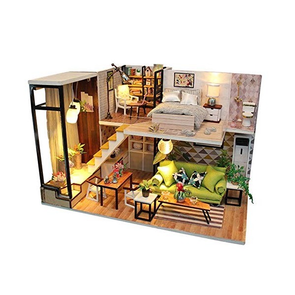 XBSLJ Maisons pour poupées DIY Miniature Dollhouse Kit Accessoires de Maison de poupée en Bois avec Ensemble de Meubles Modèl