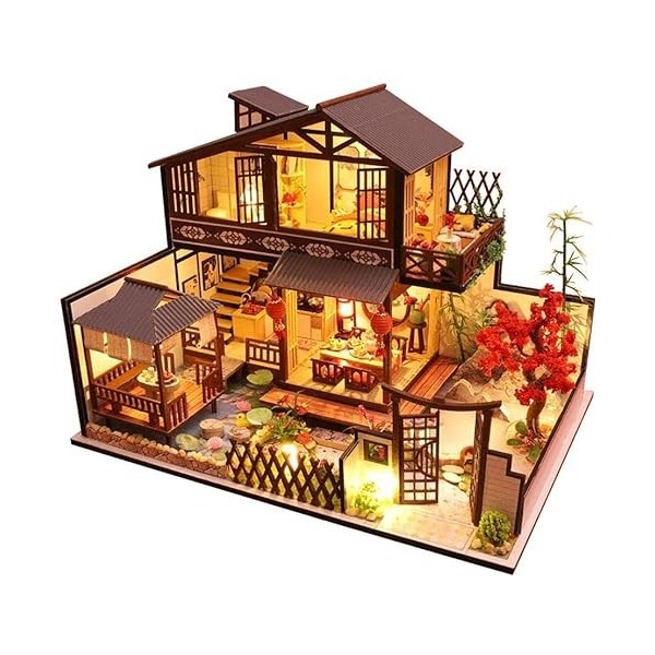 DIY Style Japonais Villa Scène Modèle Architectural Cerisiers en Fleurs Jardin Assemblé Jouet Maison Musique Maison Kit avec 