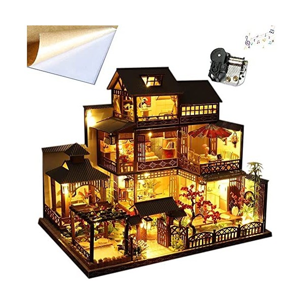DIY Style Japonais Villa Scène Modèle Architectural Cerisiers en Fleurs Jardin Assemblé Jouet Maison Musique Maison Kit avec 