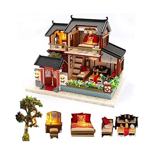 Bricolage Maison De Poupée Bricolage Grand Chinois Rétro Maison De Poupée en Bois Maisons De Poupée Chambre Miniature Villa M