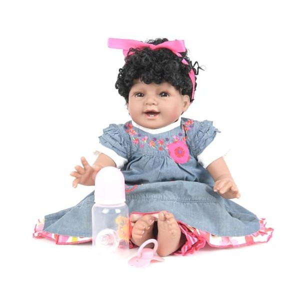 ERNZI 22Inch 55Cm Reborn Baby Dolls Soft Silicone Realistic Looking Newborn Dolls Black Skin Princess Girl Indian African Sty