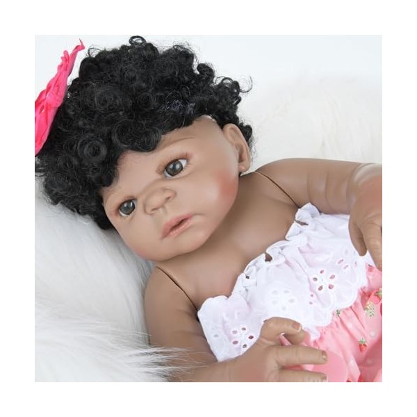 ERNZI Reborn Baby Dolls 22 inch 55Cm Full Silicone Newborn Dolls with Black Hair Open Eyes Look Real Life for Birthday Gift