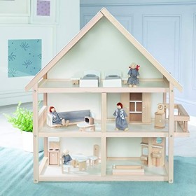 roba Maison de Poupée en Bois avec Balcon + 16 Pièces de Mobilier Miniature et 4 Poupées - Naturel