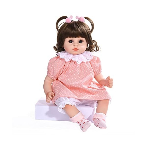 Lifelike Rebirth Baby Doll Fille 19 Pouces Vinyle Réaliste Nouveau-né Bébé Poupée Robe en Coton Cheveux Bruns Bébé Poupée Con