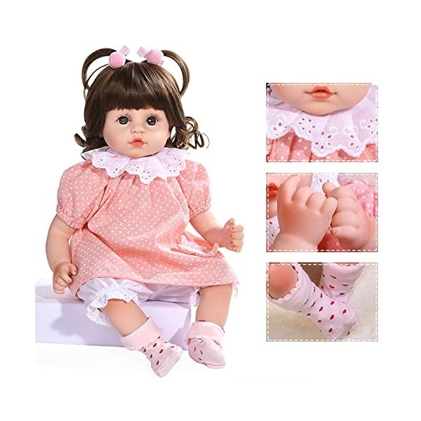 Lifelike Rebirth Baby Doll Fille 19 Pouces Vinyle Réaliste Nouveau-né Bébé Poupée Robe en Coton Cheveux Bruns Bébé Poupée Con