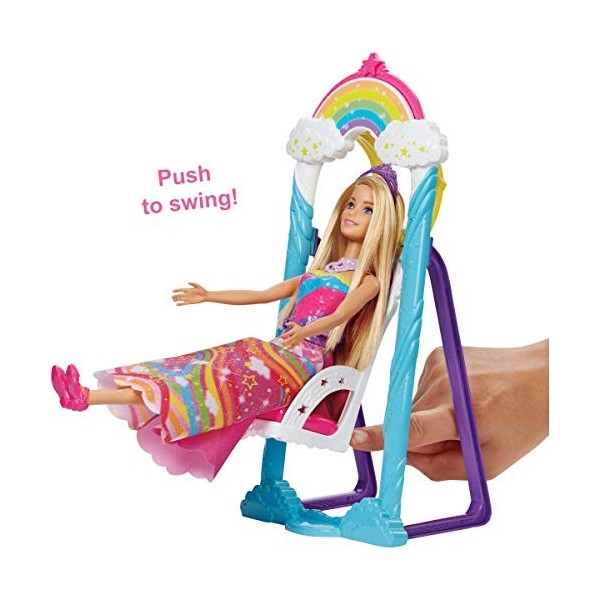 Barbie Dreamtopia poupée princesse Arc-en-Ciel avec sa balançoire, peigne amovible et figurine de chiot, jouet pour enfant, F