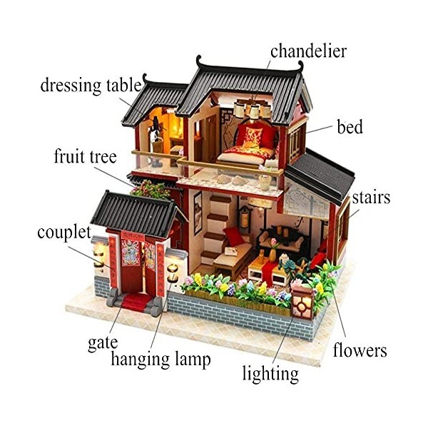 Kit De Maison De Poupée en Bois Bricolage Grande Maison De Poupée Rétro Chinoise Maisons De Poupée en Bois Chambre Villa Mini