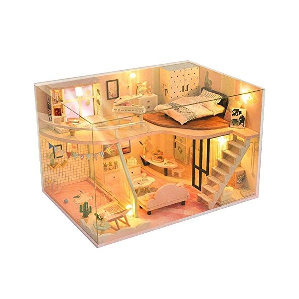 3D Miniature en Bois Maison De Poupée Puzzle Meubles Kits Creative Loft Chambre DIY Maison De Poupées Couverture Anti-Poussiè