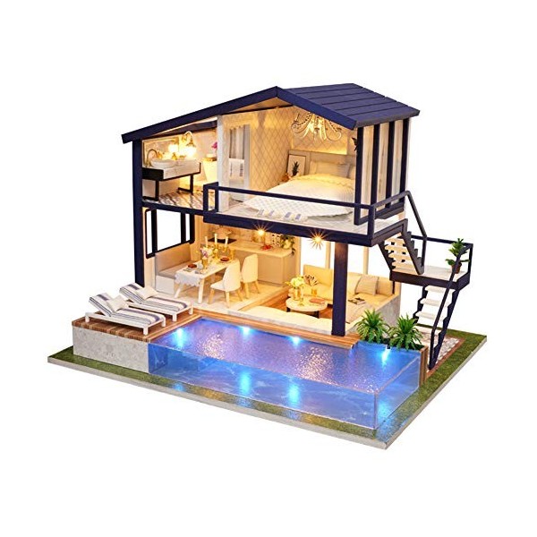 Vakitar DIY Miniature Villa en Bois avec Piscine Assemblage Maison de Poupée Modèle Kits Jouet Cadeau, pour la Maison