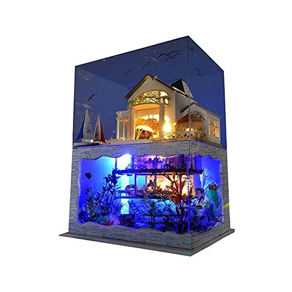 Kit De Maison De Poupée Miniature Bricolage Impressions Hawaii Mini Maison De Plage en Bois Maison De Poupée avec Lumières LE