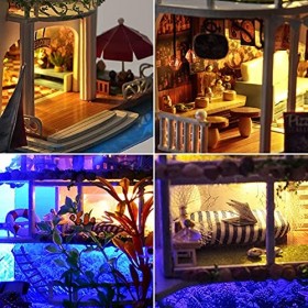 Kit De Maison De Poupée Miniature Bricolage Impressions Hawaii Mini Maison De Plage en Bois Maison De Poupée avec Lumières LE