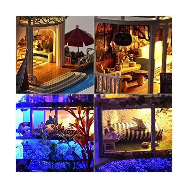 Kit De Maison De Poupée Miniature Bricolage Impressions Hawaii Mini Maison De Plage en Bois Maison De Poupée avec Lumières LE