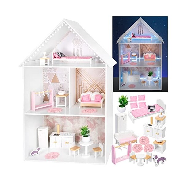 Green series Grande et Belle Maison de Poupee en Bois – Maison de Poupee, Maison en Bois, pour poupées du Type Barbie, 25 Acc