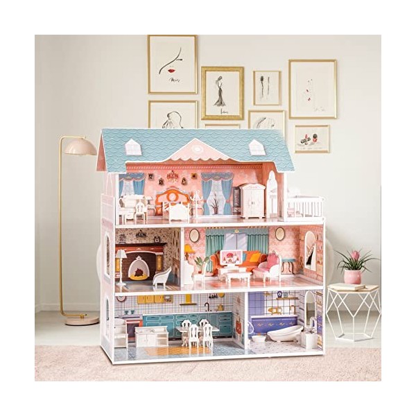 ROBUD Maison de Poupee Bois Jouet Fille Enfants Maison Poupee poupées Bois avec Meubles et Accessoires, Jouets à partir de 3 