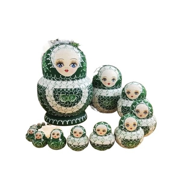 BPILOT Poupées Russes 15 Pièces Poupées Gigognes Russes Vert Mignonne Fille Bois Matryoshka Empilable Ensemble Imbriqué for E