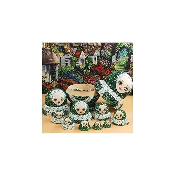 BPILOT Poupées Russes 15 Pièces Poupées Gigognes Russes Vert Mignonne Fille Bois Matryoshka Empilable Ensemble Imbriqué for E