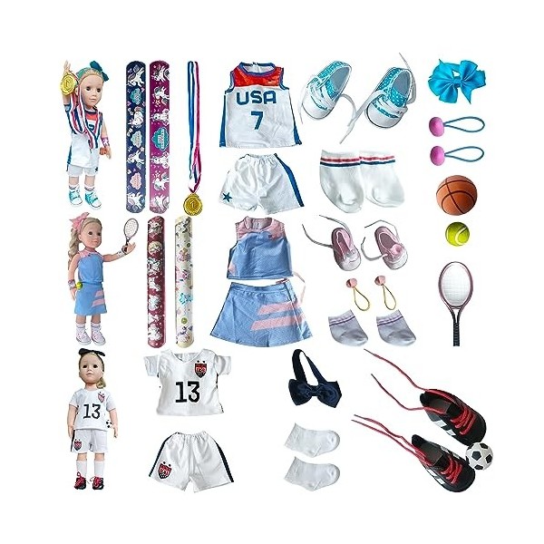 Lot de 22 vêtements de sport de 18 poupées de 45,7 cm pour poupées de football américain, basket-ball, tennis, vêtements et a