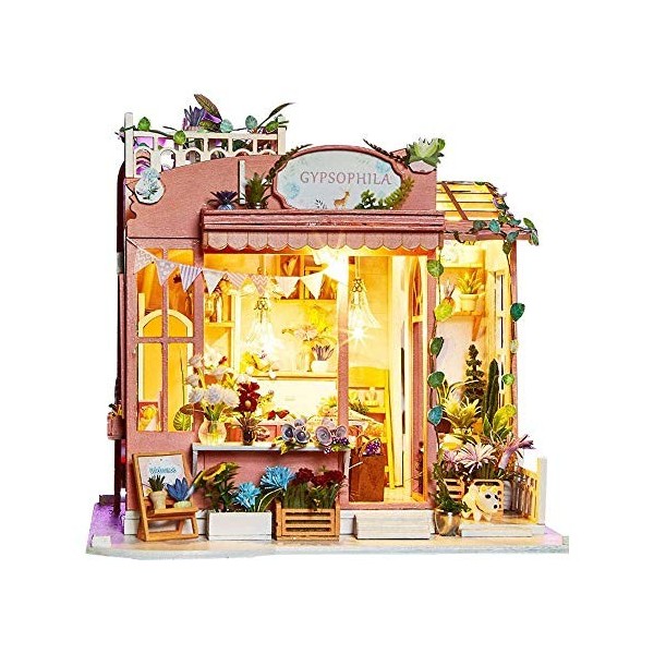 DIY Dollhouse Miniature Kit Mini Gypsophila Flower Shop Meubles De Maison De Poupées Lumières LED Accessoires Modèle en Bois 