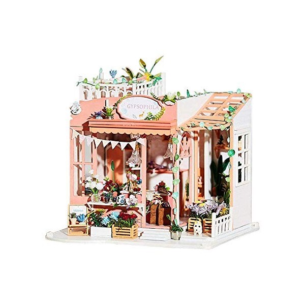 DIY Dollhouse Miniature Kit Mini Gypsophila Flower Shop Meubles De Maison De Poupées Lumières LED Accessoires Modèle en Bois 