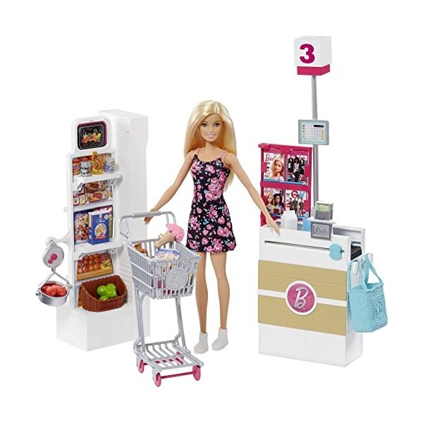 Barbie Mobilier Coffret Supermarché fourni avec poupée à robe fleurie, rayon de marchandise, caisse et accessoires, jouet pou