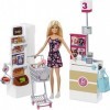 Barbie Mobilier Coffret Supermarché fourni avec poupée à robe fleurie, rayon de marchandise, caisse et accessoires, jouet pou