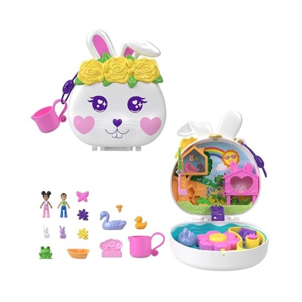 Polly Pocket Coffret Jardin Lapin Avec 2 Mini-Figurines, 12 Accessoires, 2 Accessoires Qui Changent De Couleur, Jeu D’Eau, Jo