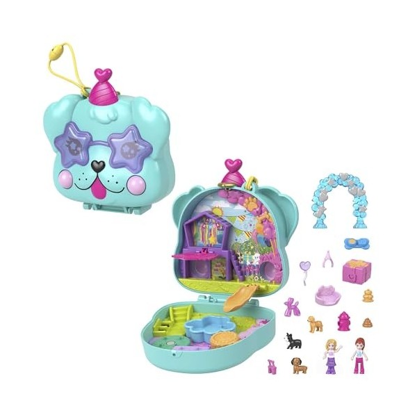 Polly Pocket Mini-Univers Coffret Anniversaire Chiot Avec 2 Mini-Figurines Et 14 Accessoires, Jouets De Voyage, Jouet Enfant,