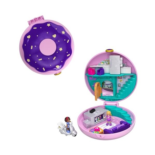 Polly Pocket Coffret Univers Soirée Pyjama Donuts, 2 mini-figurines, accessoires, autocollants et surprises cachées, jouet en