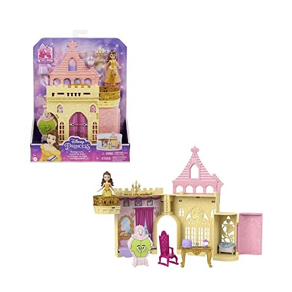Princesses Disney Coffret Le Château de Belle Histoires à Empiler, maison de poupée avec mini-poupée et 8 éléments de jeu, Jo