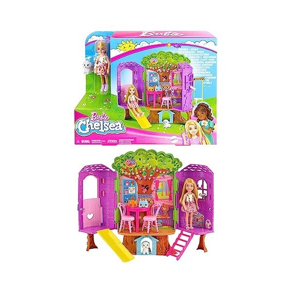 Barbie Coffret Cabane dans Les Arbres avec Poupée Chelsea Et Chiot, Maison De Poupée avec Mobilier Et Toboggan Et Plus De 10 