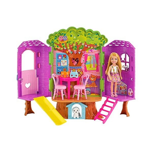 Barbie Coffret Cabane dans Les Arbres avec Poupée Chelsea Et Chiot, Maison De Poupée avec Mobilier Et Toboggan Et Plus De 10 