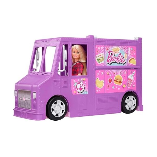 Barbie Mobilier Food Truck pour poupées, véhicule violet transformable avec plus de 25 accessoires, jouet pour enfant, GMW07