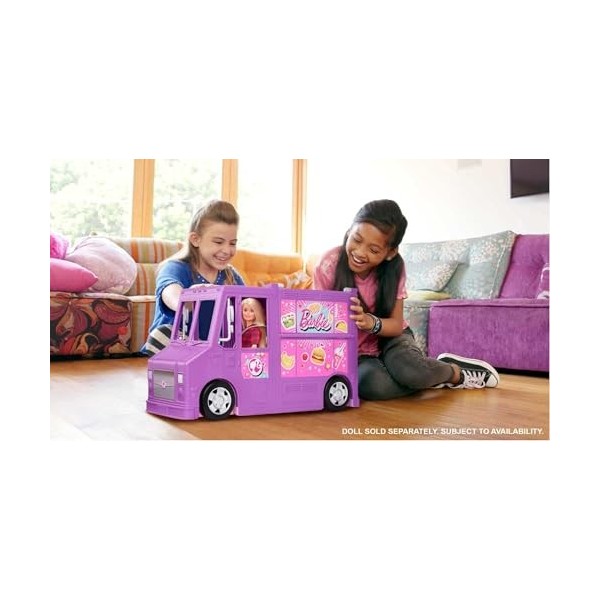 Barbie Mobilier Food Truck pour poupées, véhicule violet transformable avec plus de 25 accessoires, jouet pour enfant, GMW07
