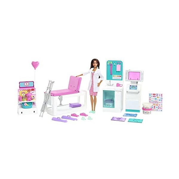 Barbie Métiers coffret Clinique avec poupée docteure brune et plus de 30 accessoires dont 3 pots de pâte à modeler, emballage