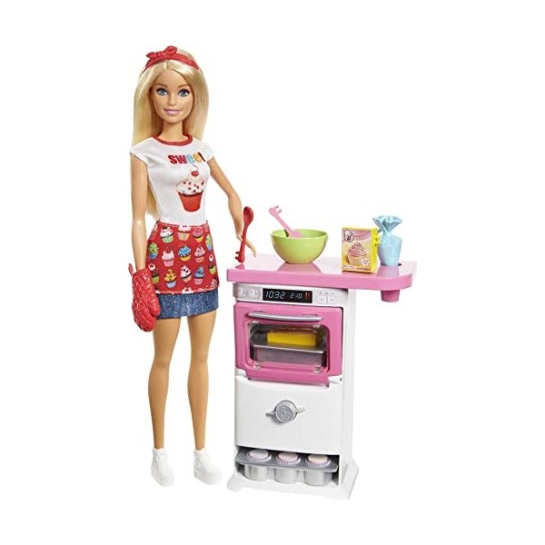 Barbie Metiers Coffret Pactisserie avec Poupee Patissiare Blonde, Accessoires, four et Cupcakes Transformables à  lEau, Joue