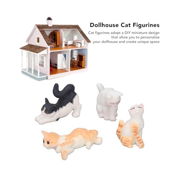 Cryfokt Lot de 4 Figurines de Chat Miniatures, Accessoires Réalistes pour Maison de Poupée en Résine à Léchelle 1:12, Ensemb