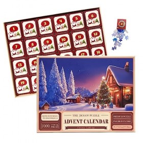 Calendrier de lAvent Puzzle de Noël 2023 - Paysage de Noël 24 pièces 1000 pièces au total, compte à rebours pour Noël, cadea