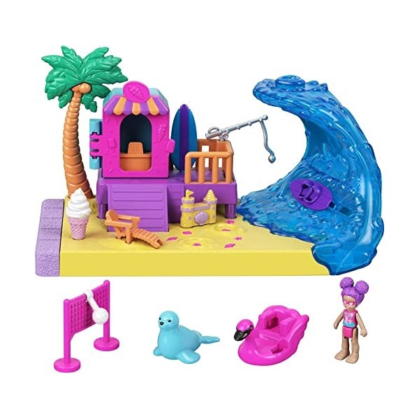 Polly Pocket Pollyville​ coffret Journée à la Plage, mini-figurine, mini-phoque et accessoires inclus, jouet pour enfant, édi