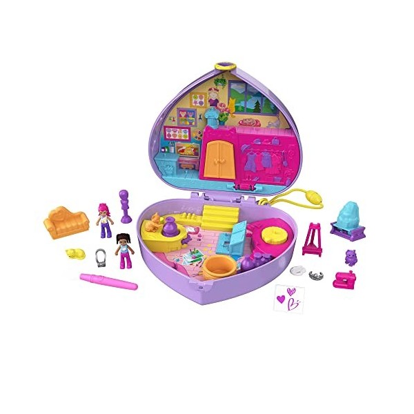 Polly Pocket Coffret Shani Atelier de peinture avec 2 mini-figurines, 5 surprises, changement de couleur et 12 accessoires, J