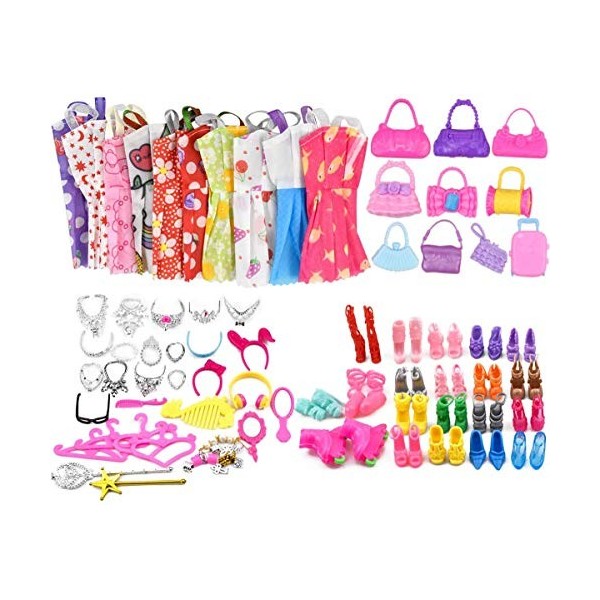 Miotlsy 80 Vêtement & Accessoires de Poupée 20 Robes Chics + 60 Accessoires 10 Chaussures + 6 Colliers + 6 Couronnes pour P