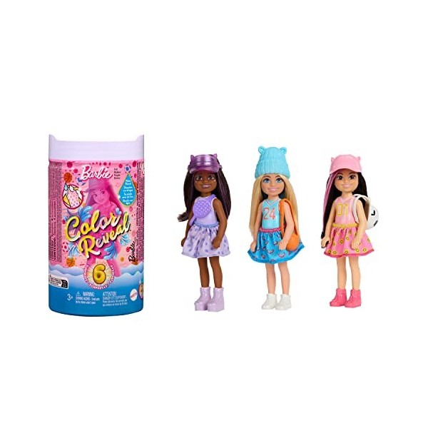 Barbie Coffret Poupée Mannequin Chelsea Color Reveal, 6 Surprises avec Changement De Couleur Inclus, Série Sporty, Jouet Enfa