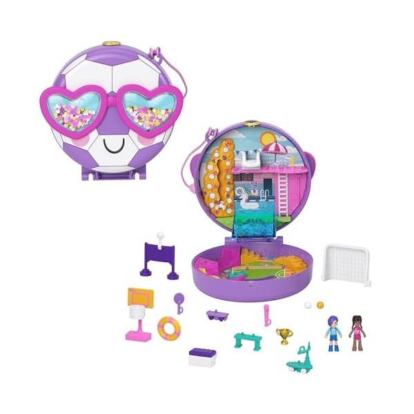 Polly Pocket Coffret Match de Football, thème sport, avec mini-figurines Bella et son amie, 5 surprises, 12 accessoires, joue