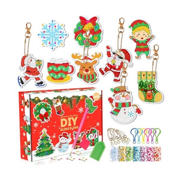 COSSIKA DIY Crafts Porte-clés de Noël à Faire soi-même, Kits dartisanat dart, Peinture Diamant Brillante pour Enfants, Four